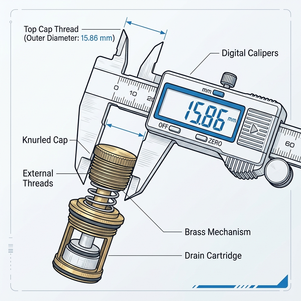 Caliper measuring top thread of the pop-up drain cartridge